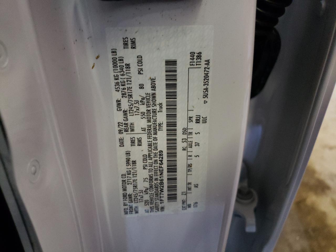 2022 FORD F250 SUPER DUTY VIN:1FT7W2B61NEF64289