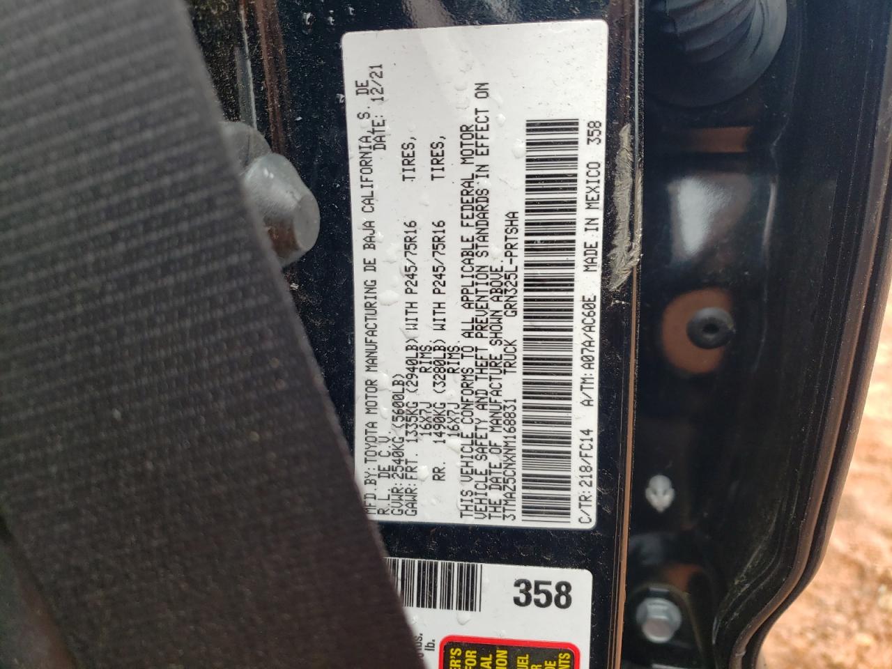 2022 TOYOTA TACOMA DOUBLE CAB VIN:3TMAZ5CNXNM168831