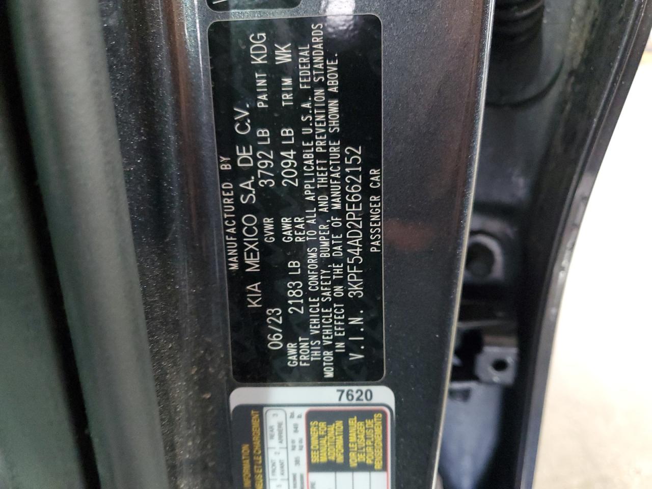 2023 KIA FORTE GT LINE VIN:3KPF54AD2PE662152