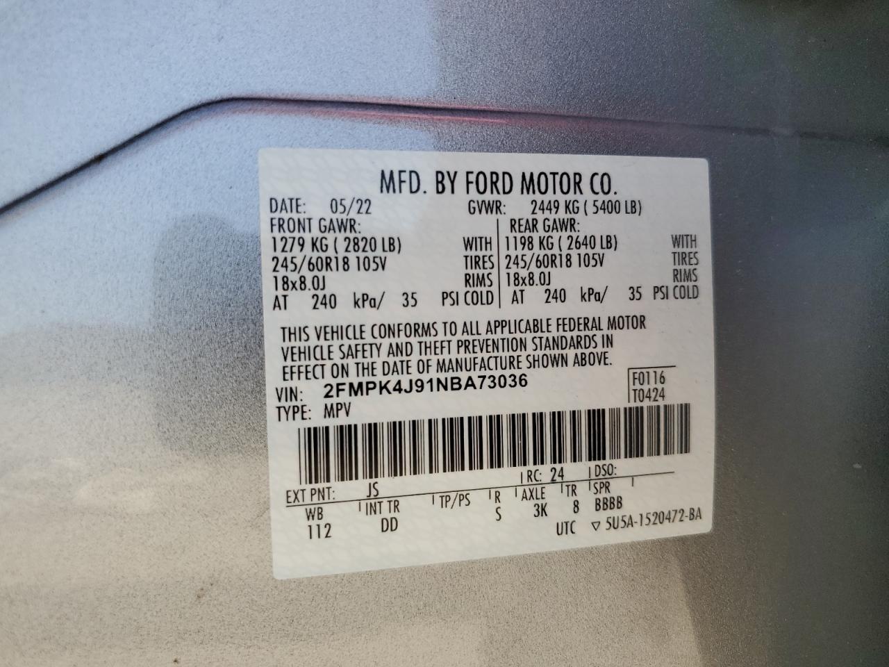 2022 FORD EDGE SEL VIN:2FMPK4J91NBA73036
