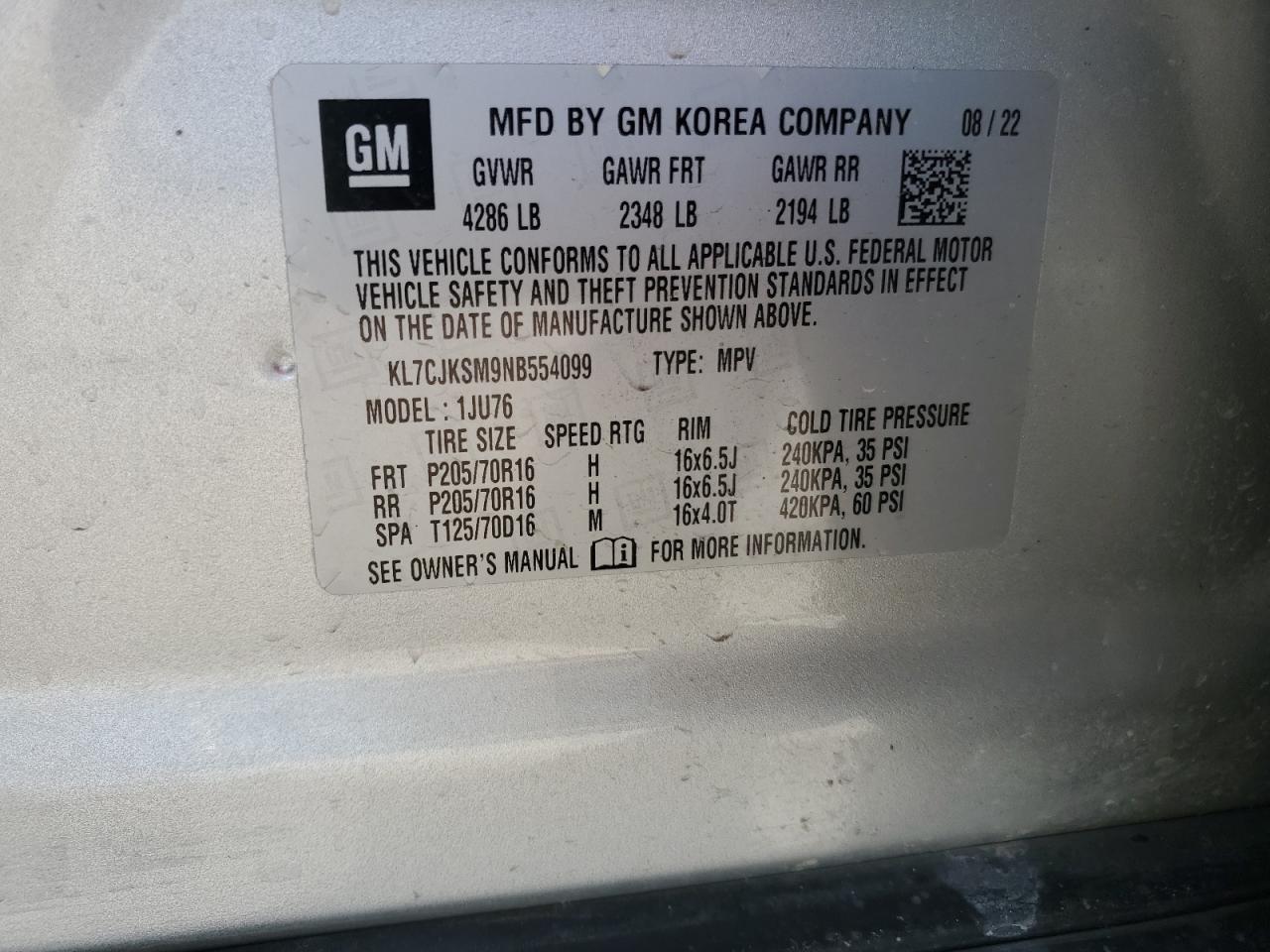 2022 CHEVROLET TRAX LS VIN:KL7CJKSM9NB554099