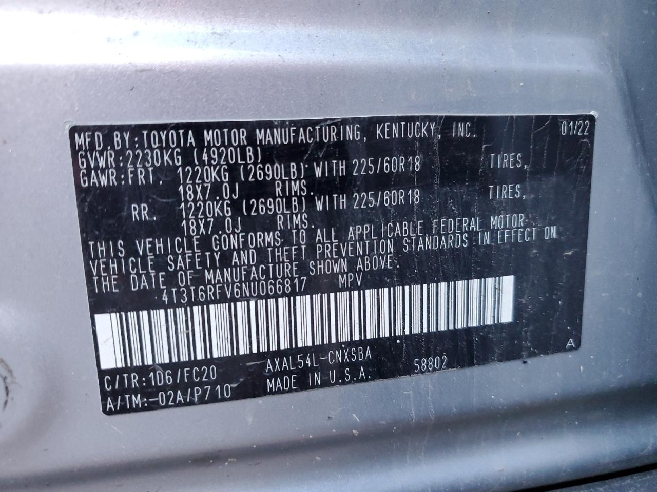 2022 TOYOTA RAV4 SE VIN:4T3T6RFV6NU066817