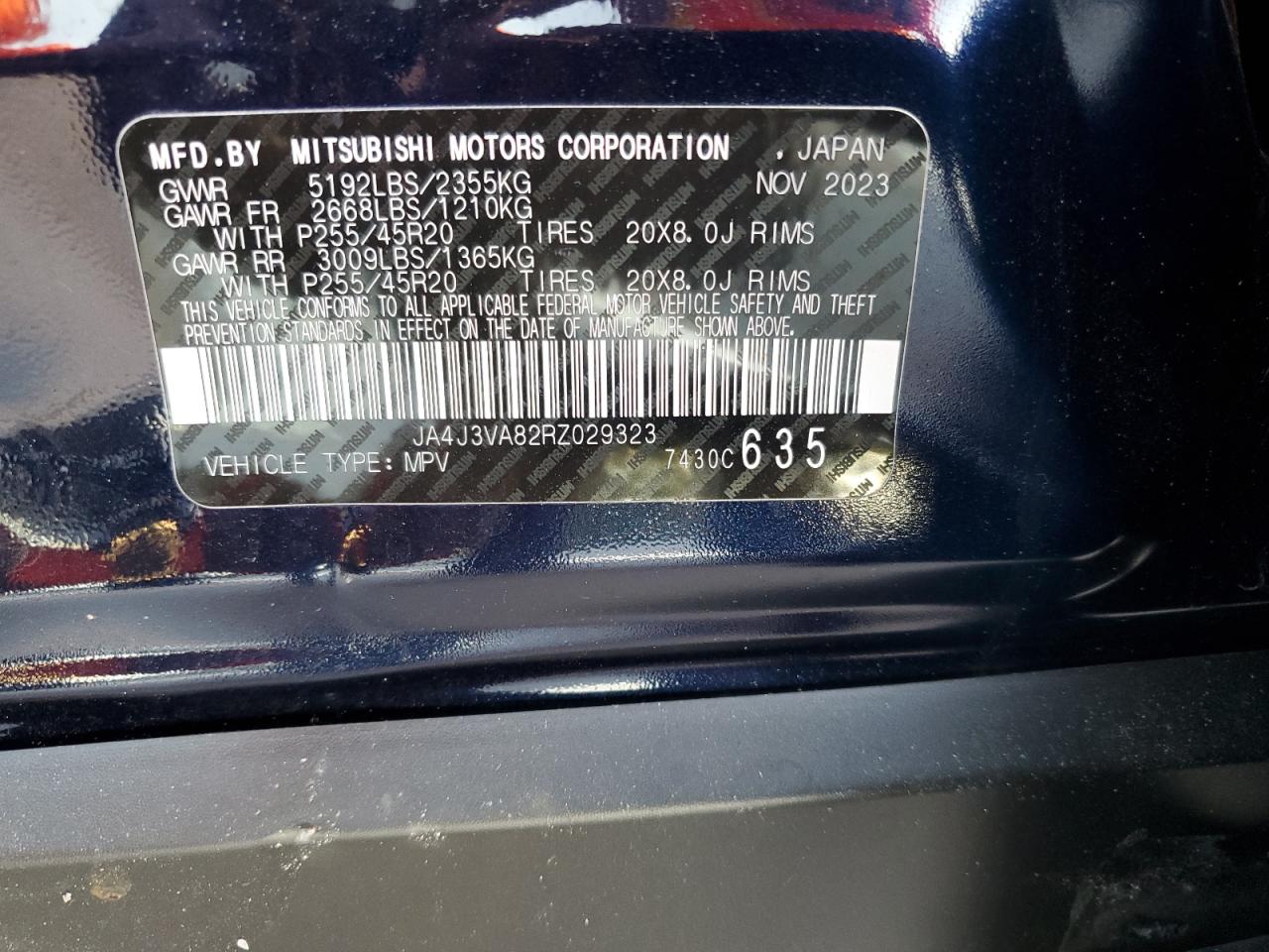 2024 MITSUBISHI OUTLANDER SE VIN:JA4J3VA82RZ029323