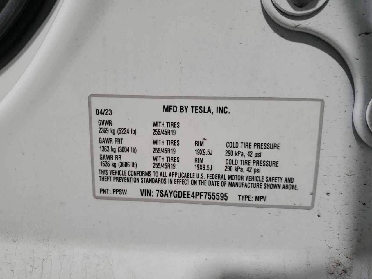 2023 TESLA MODEL Y VIN:7SAYGDEE4PF755595