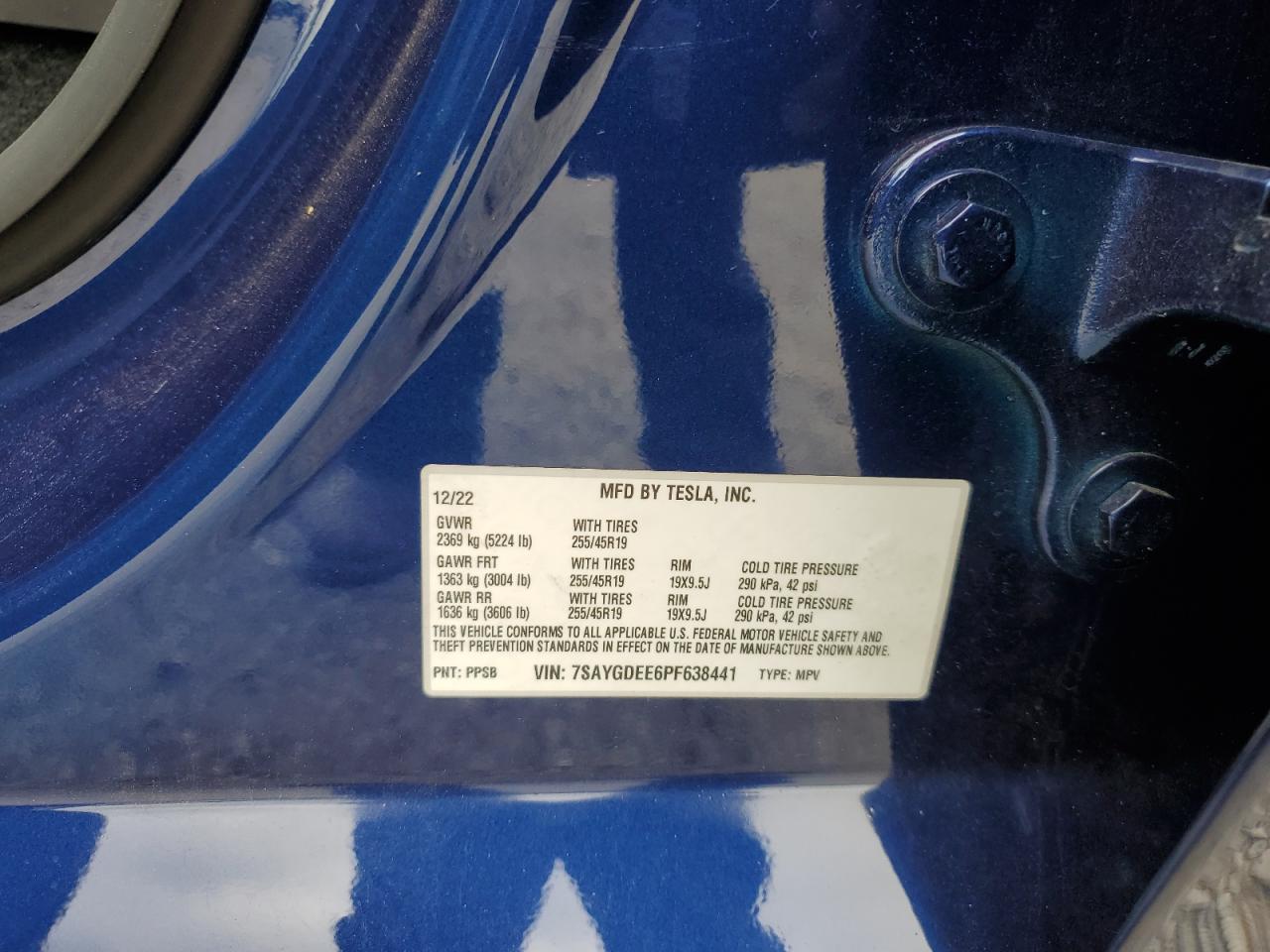2023 TESLA MODEL Y VIN:7SAYGDEE6PF638441