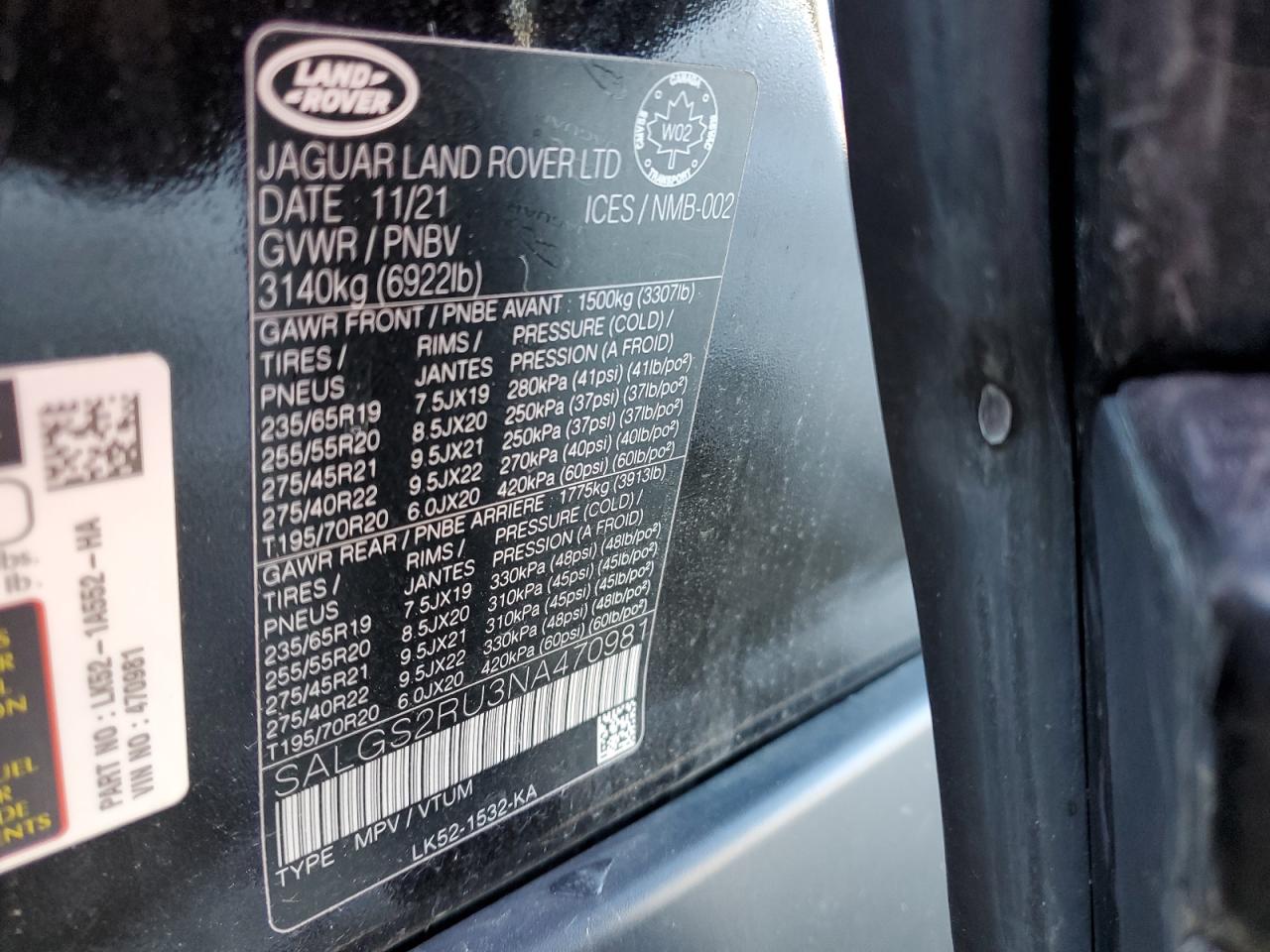 2022 LAND ROVER RANGE ROVER HSE WESTMINSTER EDITION VIN:1G1ZD5ST3RF249217