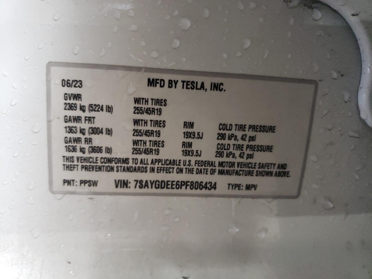 2023 TESLA MODEL Y VIN:7SAYGDEE6PF806434
