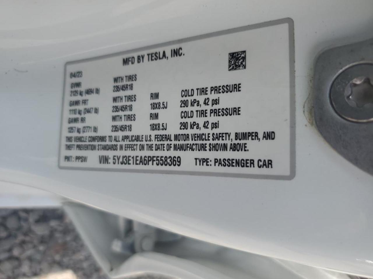 2023 TESLA MODEL 3 VIN:5YJ3E1EA6PF558369