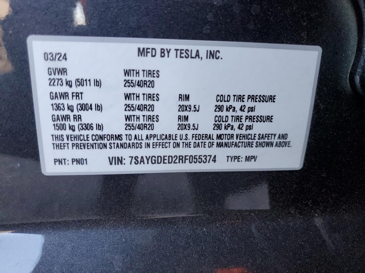 2024 TESLA MODEL Y VIN:7SAYGDED2RF055374