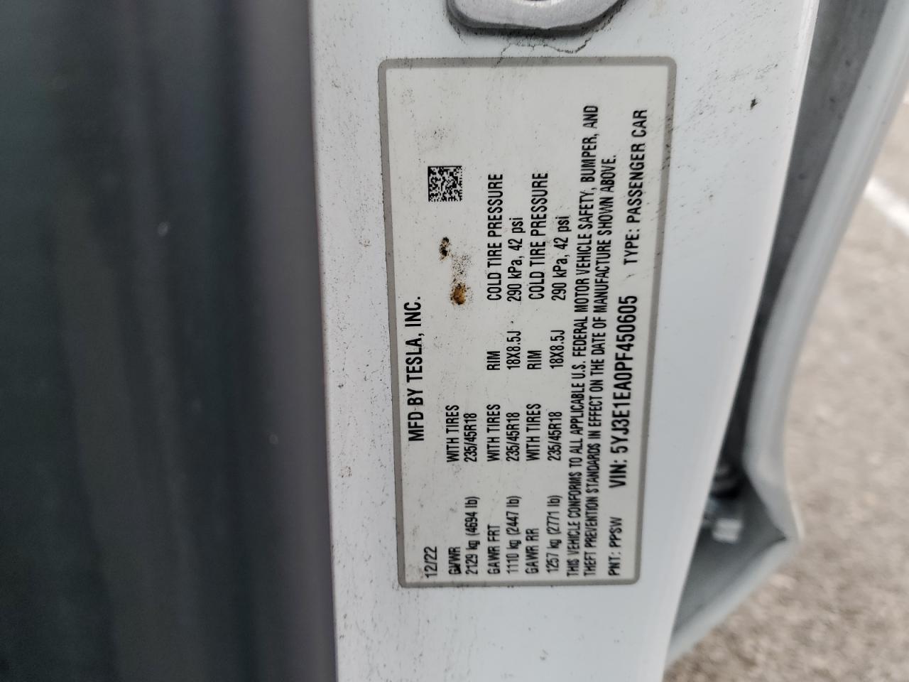 2023 TESLA MODEL 3 VIN:5YJ3E1EA0PF450605