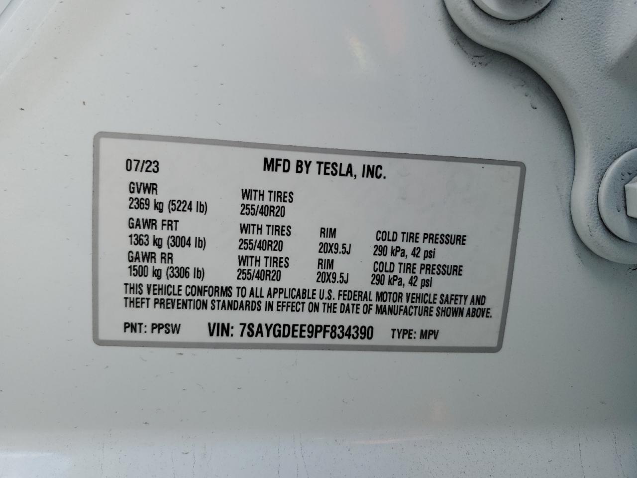 2023 TESLA MODEL Y VIN:7SAYGDEE9PF834390