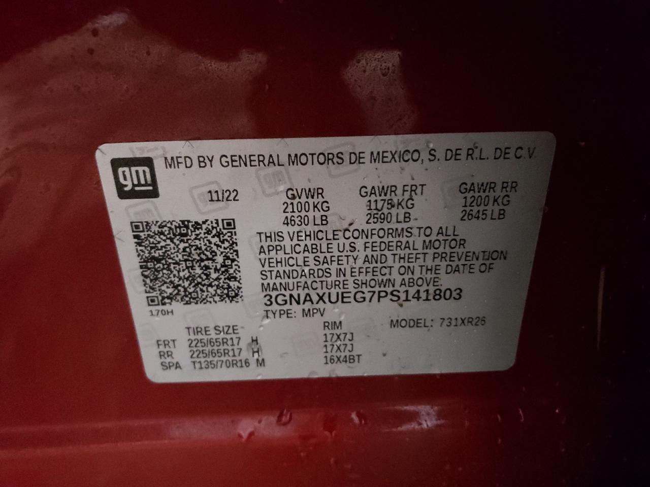 2023 CHEVROLET EQUINOX LT VIN:3GNAXUEG7PS141803