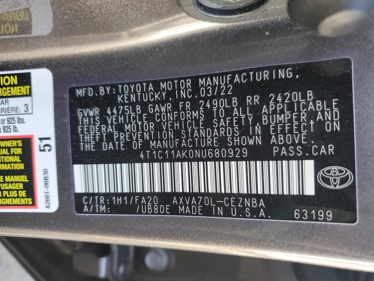 2022 TOYOTA CAMRY LE VIN:4T1C11AK0NU680929