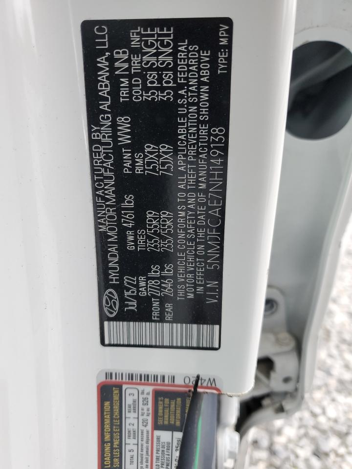 2022 HYUNDAI TUCSON SEL VIN:5NMJFCAE7NH149138