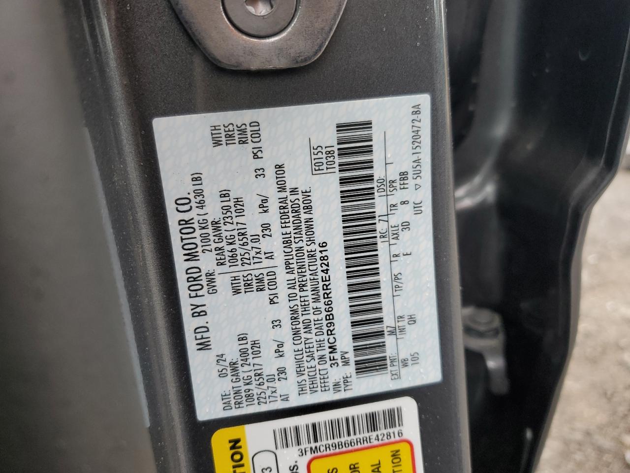 2024 FORD BRONCO SPORT BIG BEND VIN:3FMCR9B66RRE42816