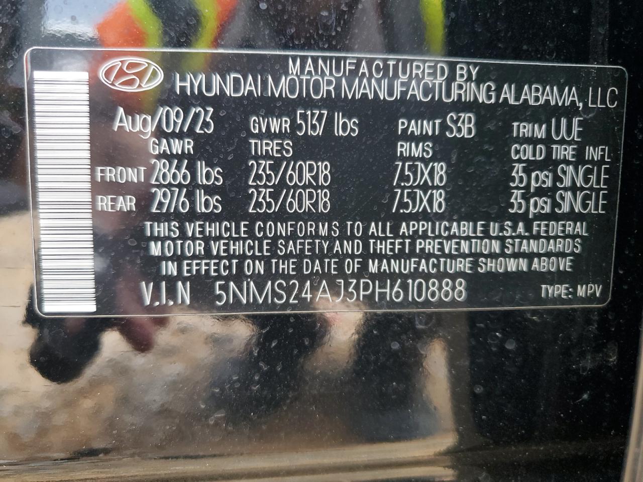 2023 HYUNDAI SANTA FE SEL VIN:5NMS24AJ3PH610888