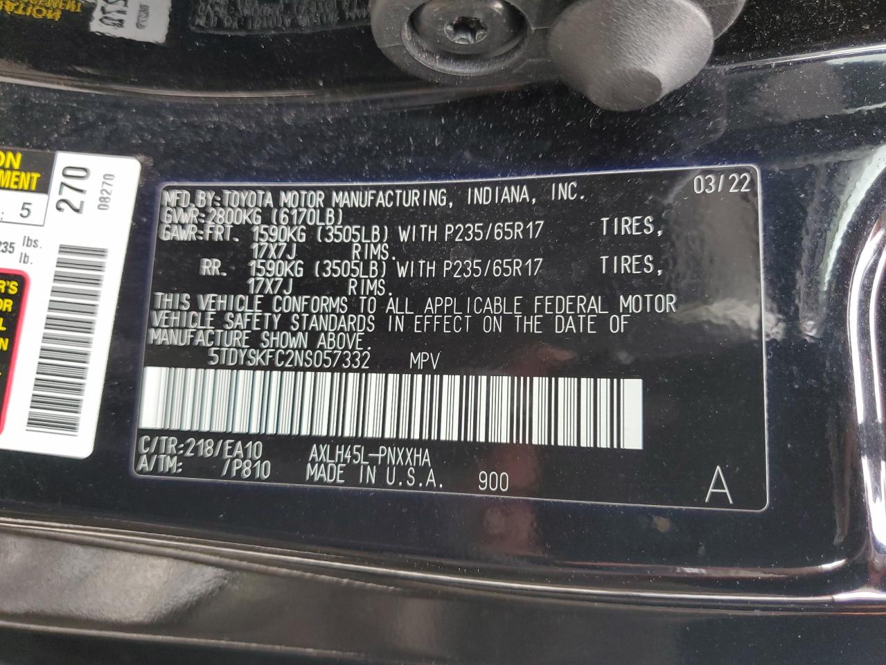 2022 TOYOTA SIENNA XLE VIN:5TDYSKFC2NS057332