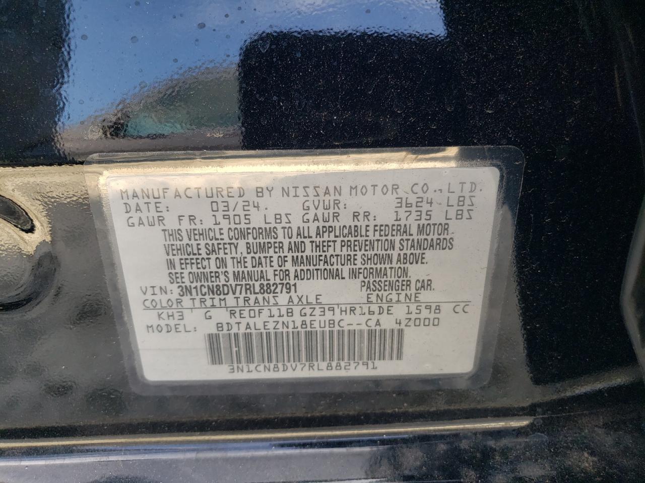 2024 NISSAN VERSA S VIN:3N1CN8DV7RL882791