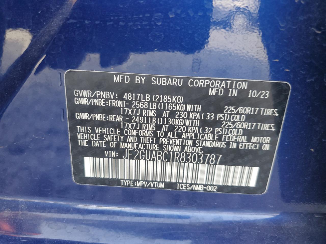 2024 SUBARU CROSSTREK VIN:JF2GUABC1R8303787