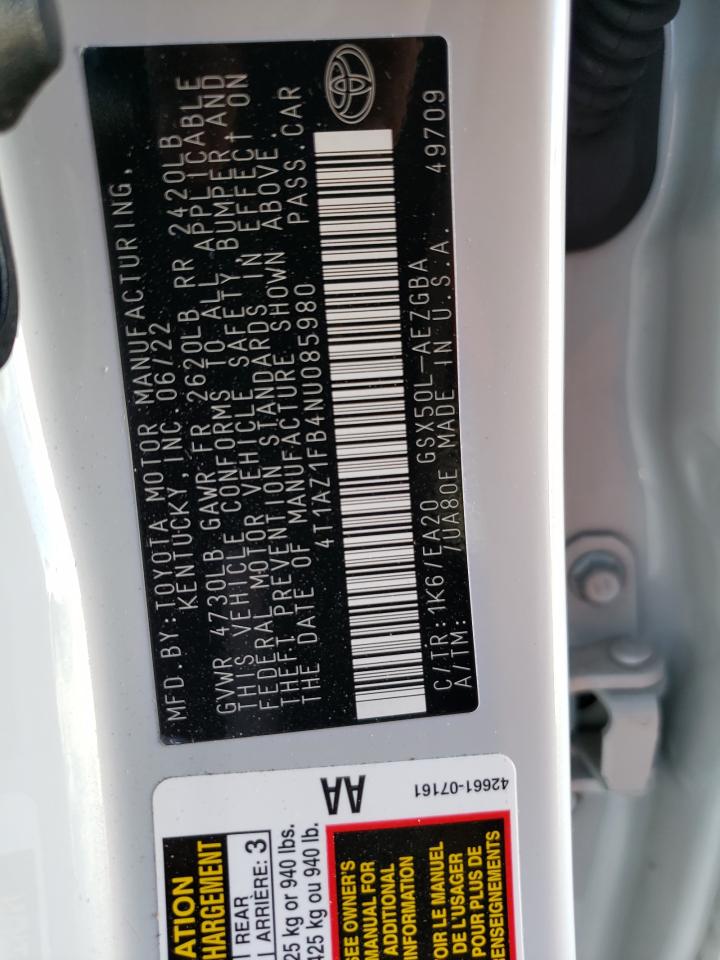 2022 TOYOTA AVALON XLE VIN:4T1AZ1FB4NU085980