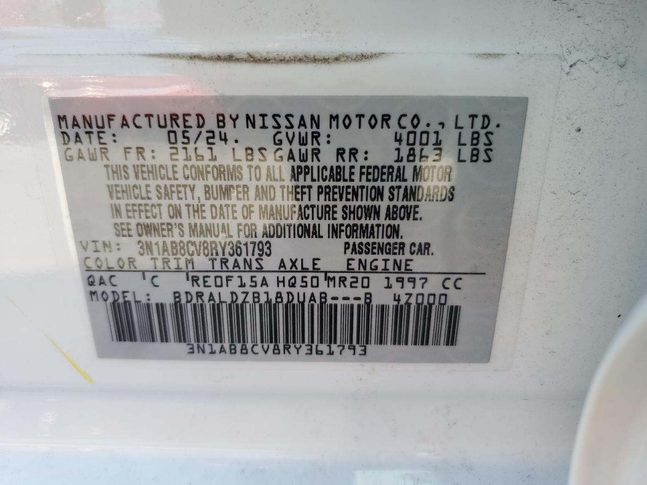 2024 NISSAN SENTRA SV VIN:3N1AB8CV8RY361793