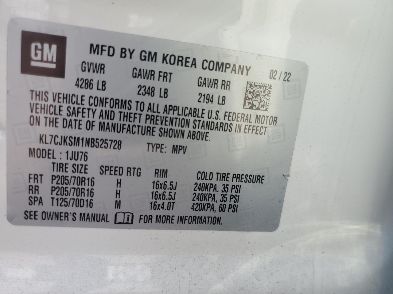 2022 CHEVROLET TRAX LS VIN:KL7CJKSM1NB525728