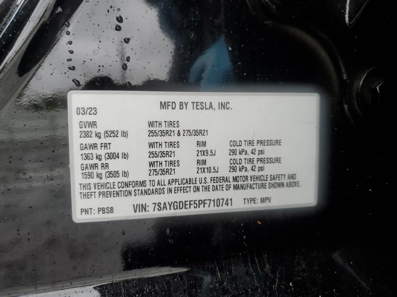 2023 TESLA MODEL Y VIN:7SAYGDEF5PF710741