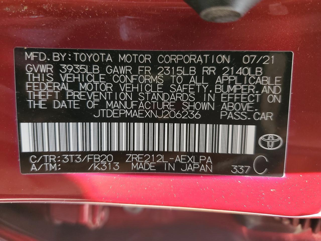 2022 TOYOTA COROLLA LE VIN:JTDEPMAEXNJ206236