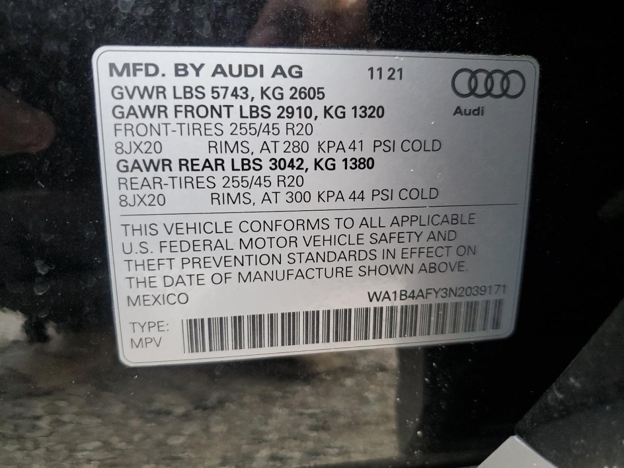 2022 AUDI SQ5 PREMIUM PLUS VIN:WA1B4AFY3N2039171