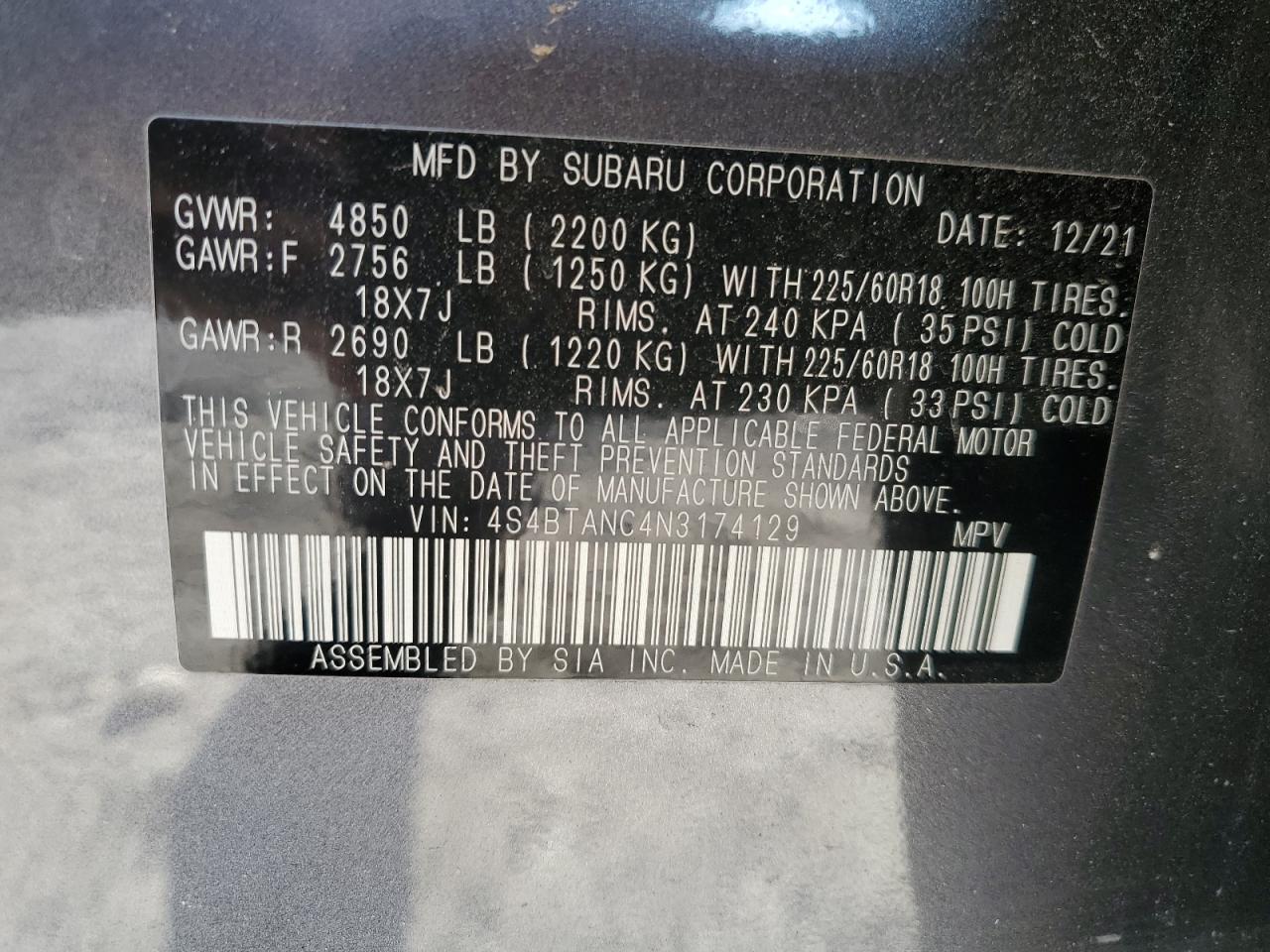 2022 SUBARU OUTBACK LIMITED VIN:4S4BTANC4N3174129