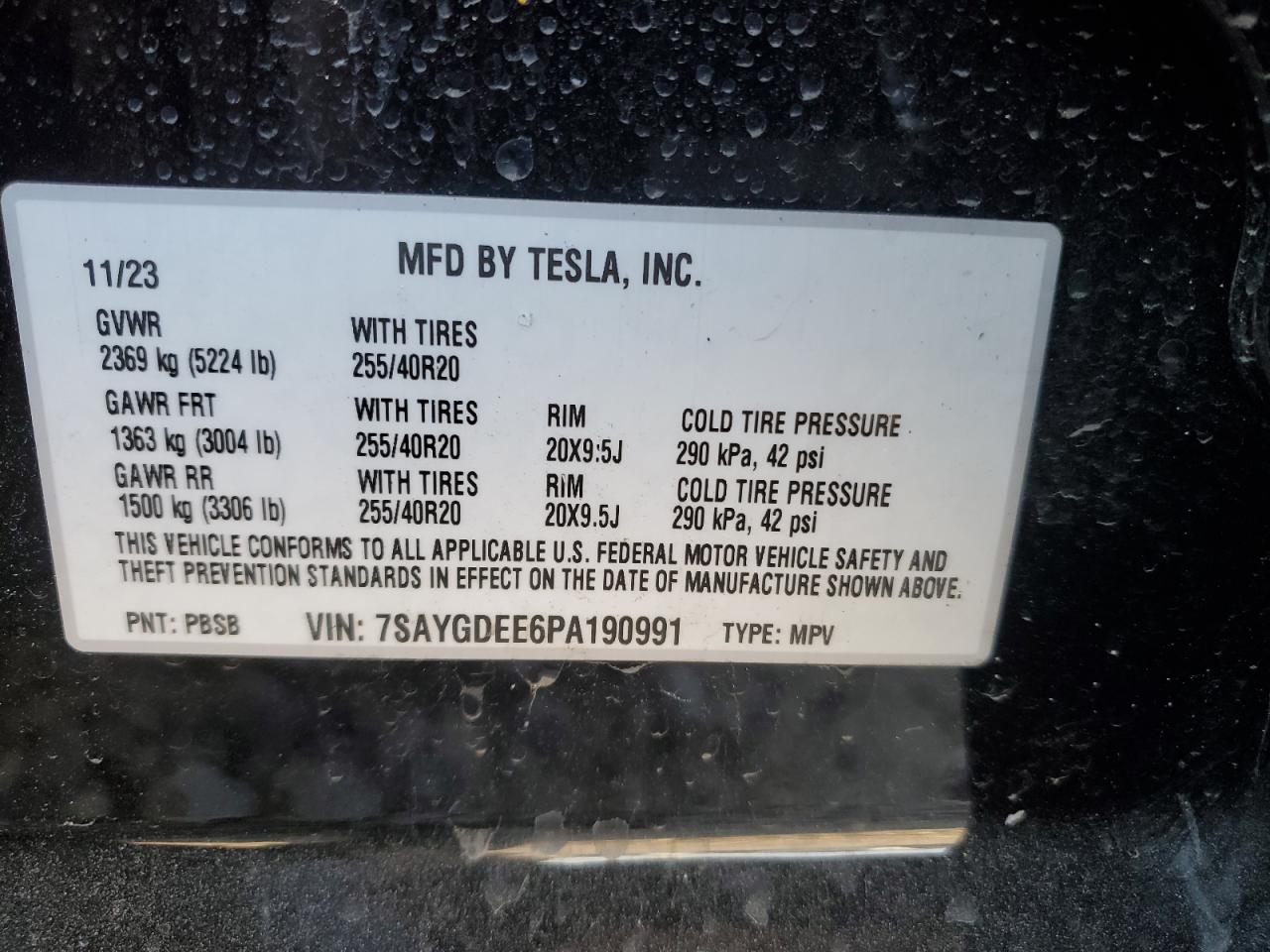 2023 TESLA MODEL Y VIN:7SAYGDEE6PA190991
