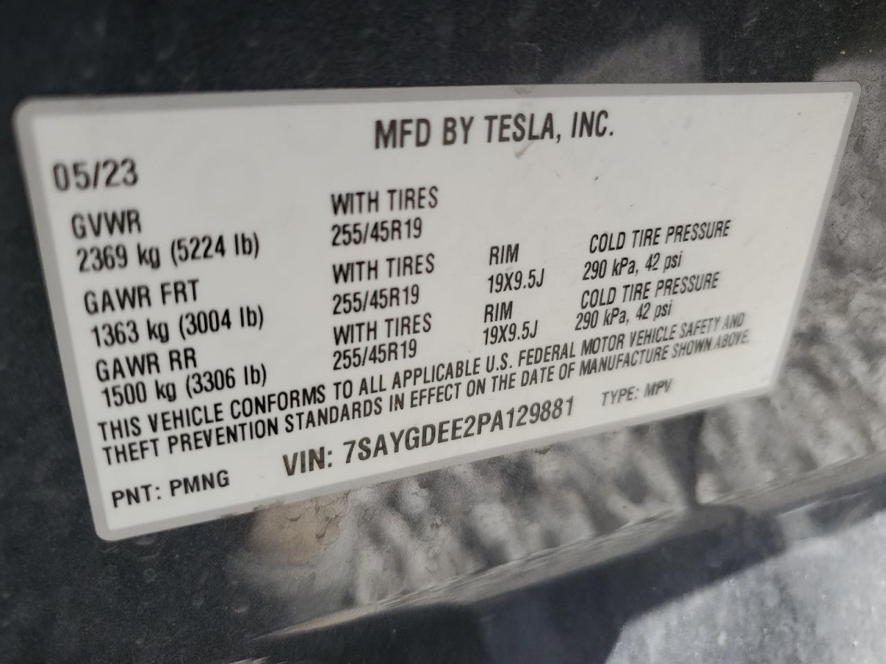 2023 TESLA MODEL Y VIN:7SAYGDEE2PA129881