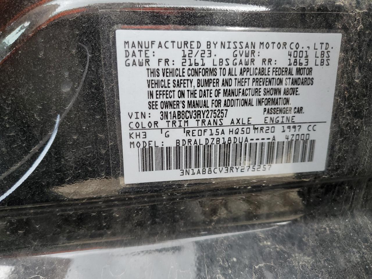 2024 NISSAN SENTRA SV VIN:3N1AB8CV3RY275257