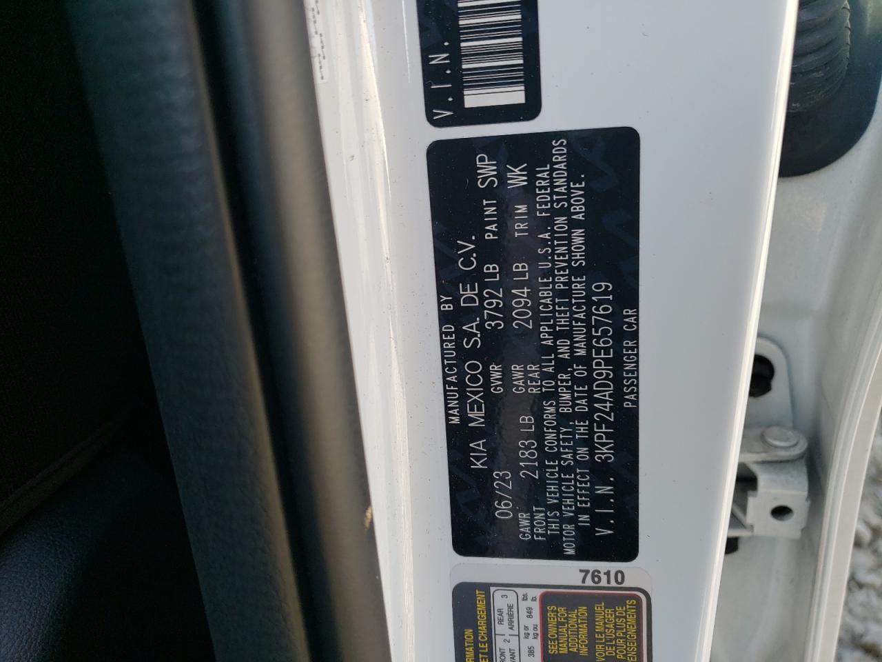 2023 KIA FORTE LX VIN:3KPF24AD9PE657619