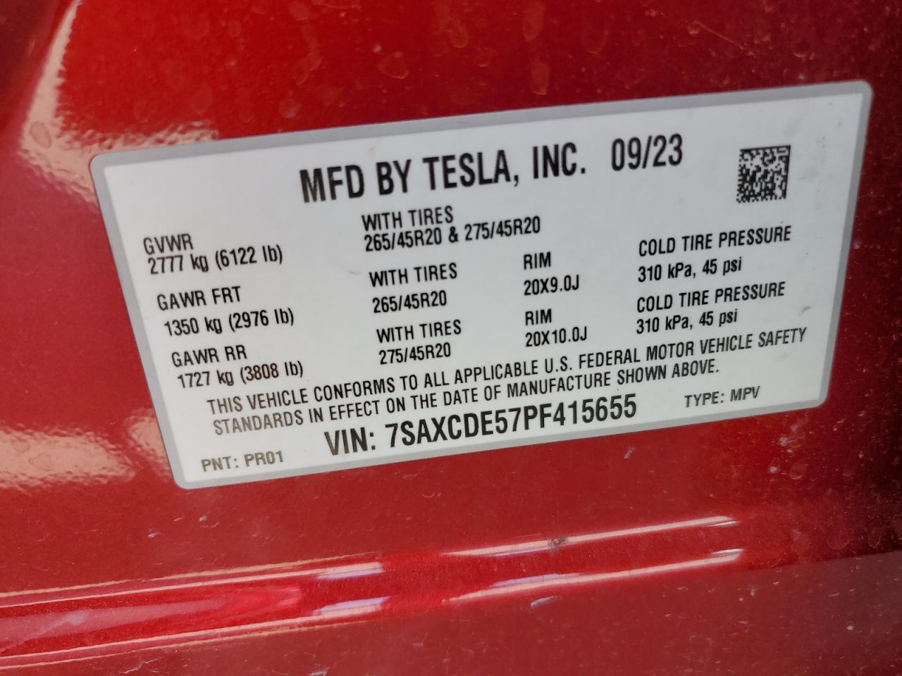 2023 TESLA MODEL X VIN:7SAXCDE57PF415655