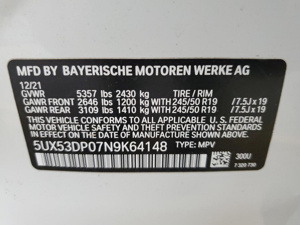 2022 BMW X3 XDRIVE30I VIN:WP0AA2A8XNS255297