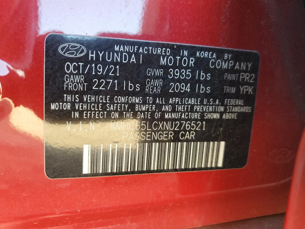 2022 HYUNDAI IONIQ BLUE VIN:KMHC65LCXNU276521