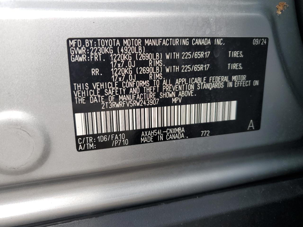 2024 TOYOTA RAV4 XLE VIN:2T3RWRFV5RW243907