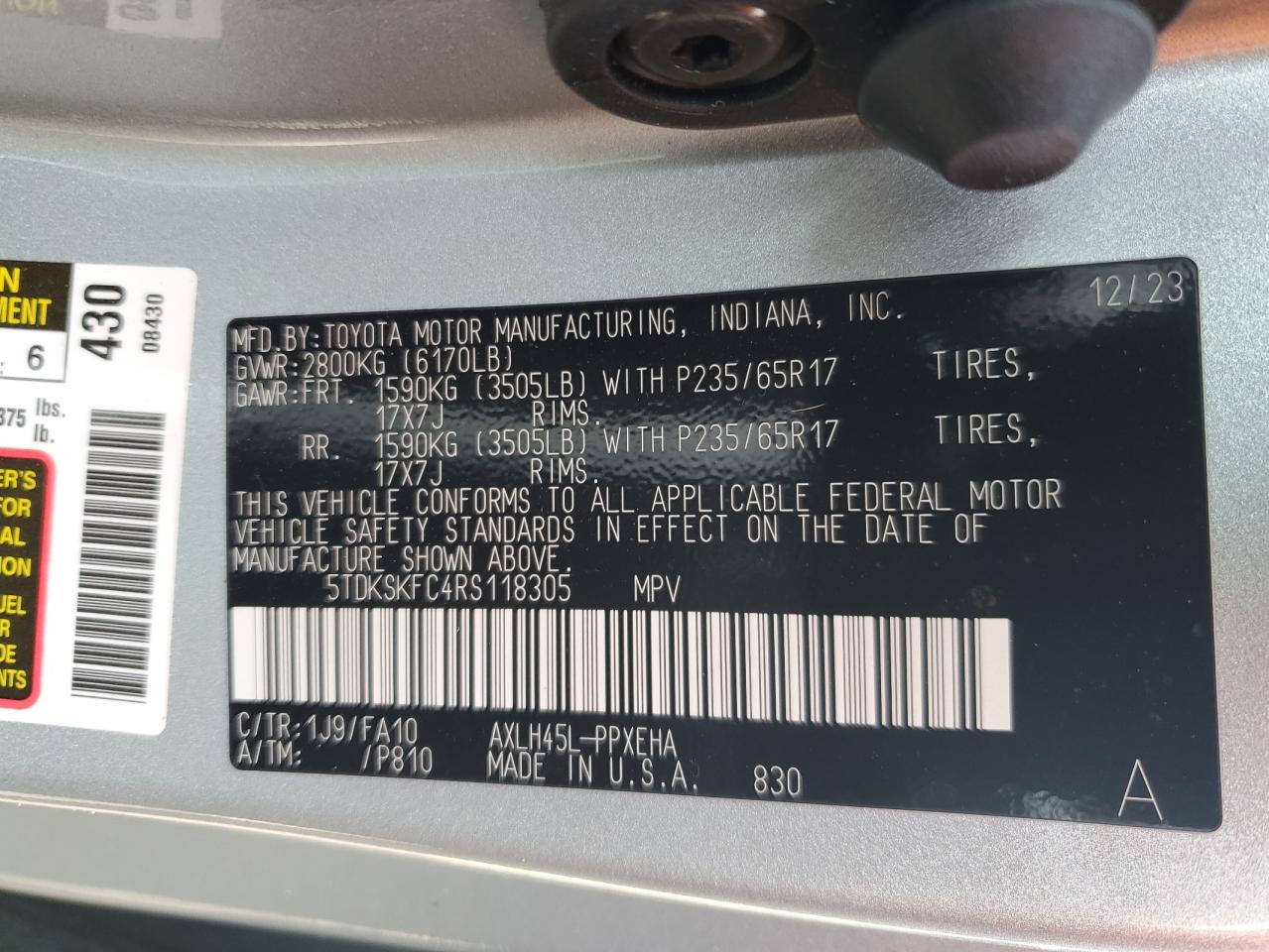 2024 TOYOTA SIENNA LE VIN:5TDKSKFC4RS118305