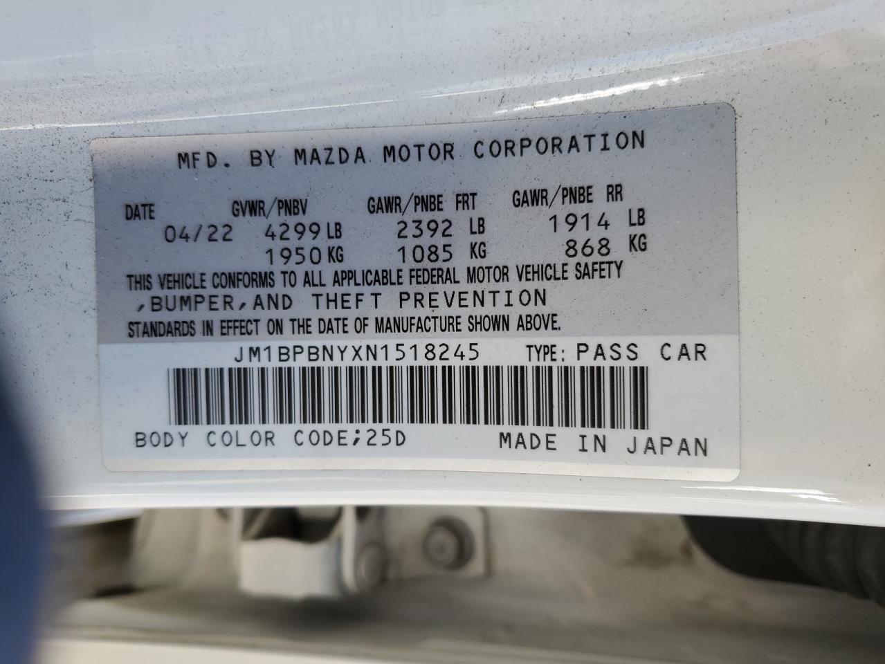 2022 MAZDA 3 PREMIUM PLUS VIN:JM1BPBNYXN1518245