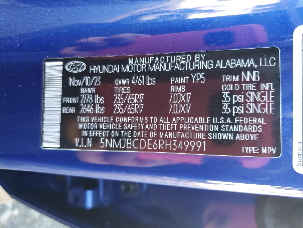 2024 HYUNDAI TUCSON SEL VIN:5NMJBCDE6RH349991
