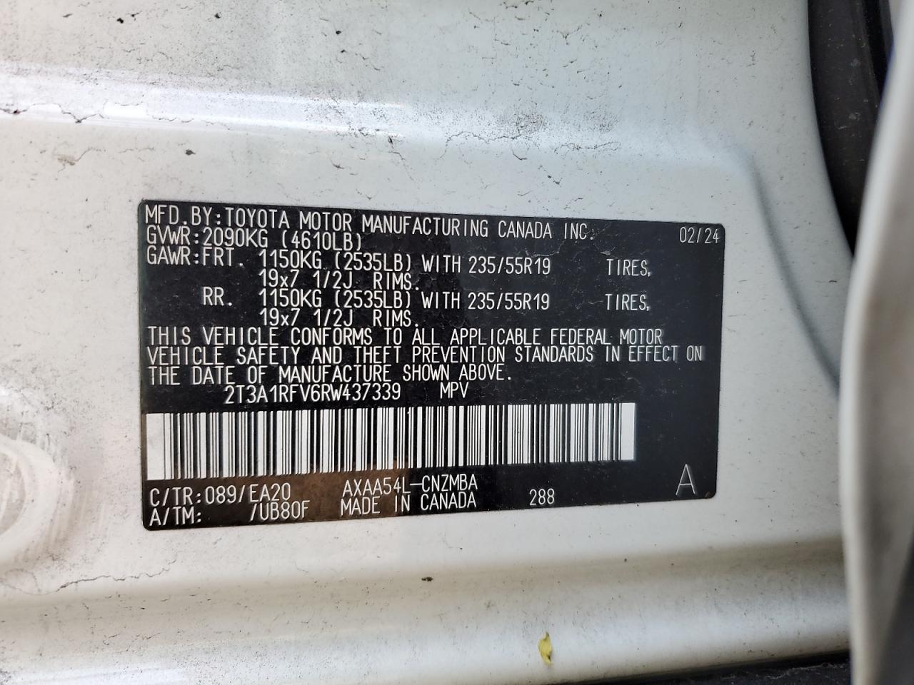 2024 TOYOTA RAV4 XLE PREMIUM VIN:2T3A1RFV6RW437339