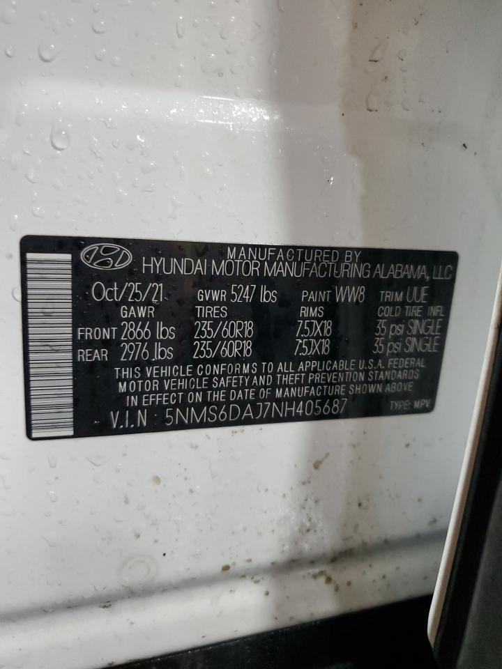 2022 HYUNDAI SANTA FE SEL VIN:5NMS6DAJ7NH405687