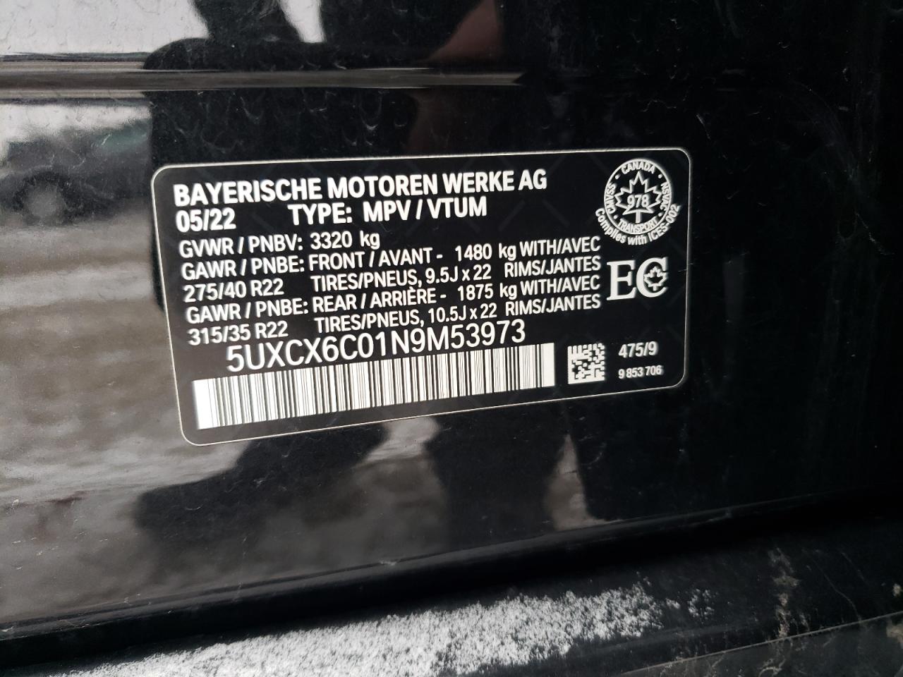 2022 BMW X7 M50I VIN:5UXCX6C01N9M53973