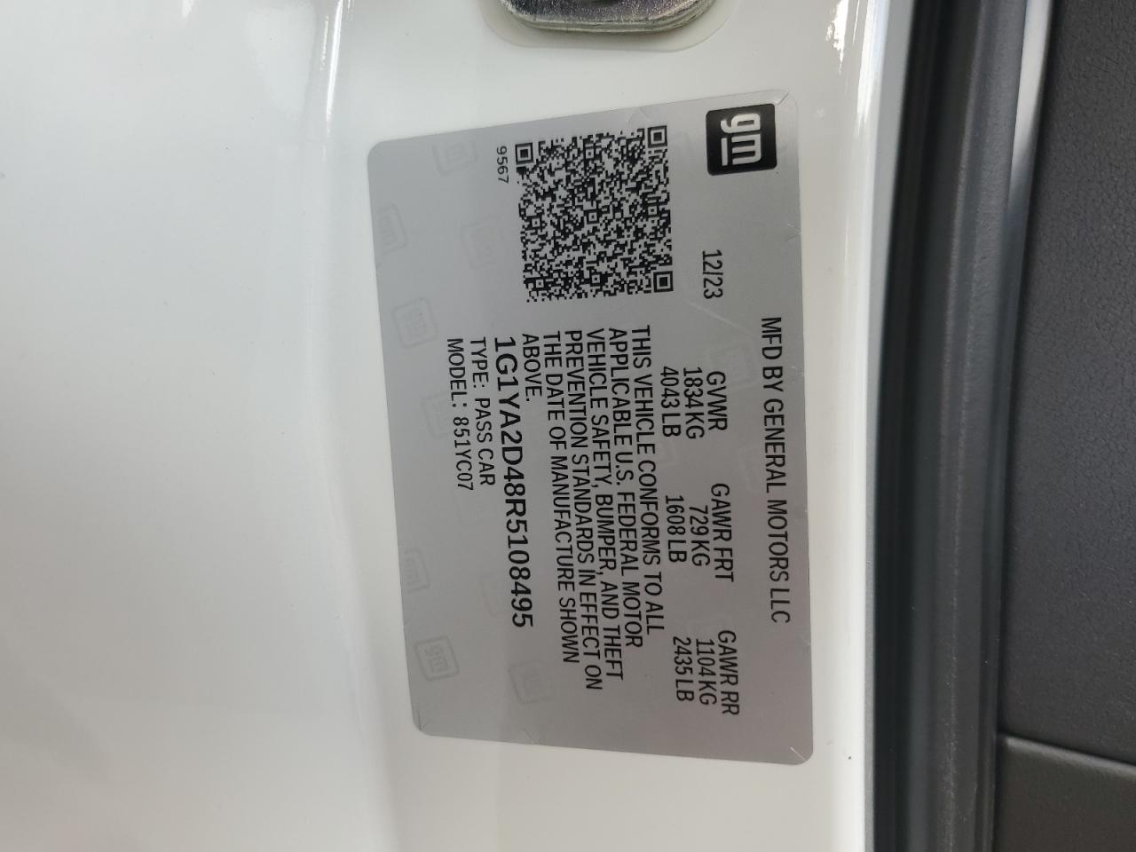 2024 CHEVROLET CORVETTE STINGRAY 1LT VIN:1G1YA2D48R5108495