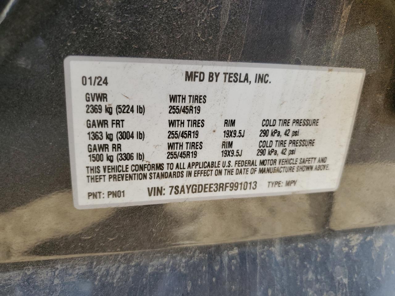 2024 TESLA MODEL Y VIN:7SAYGDEE3RF991013