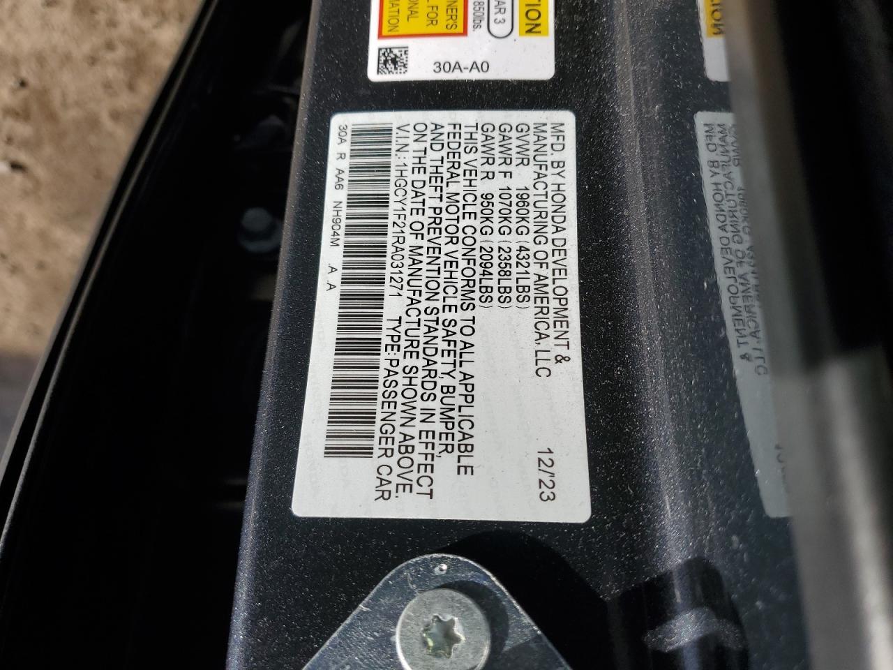 2024 HONDA ACCORD LX VIN:1HGCY1F21RA031271