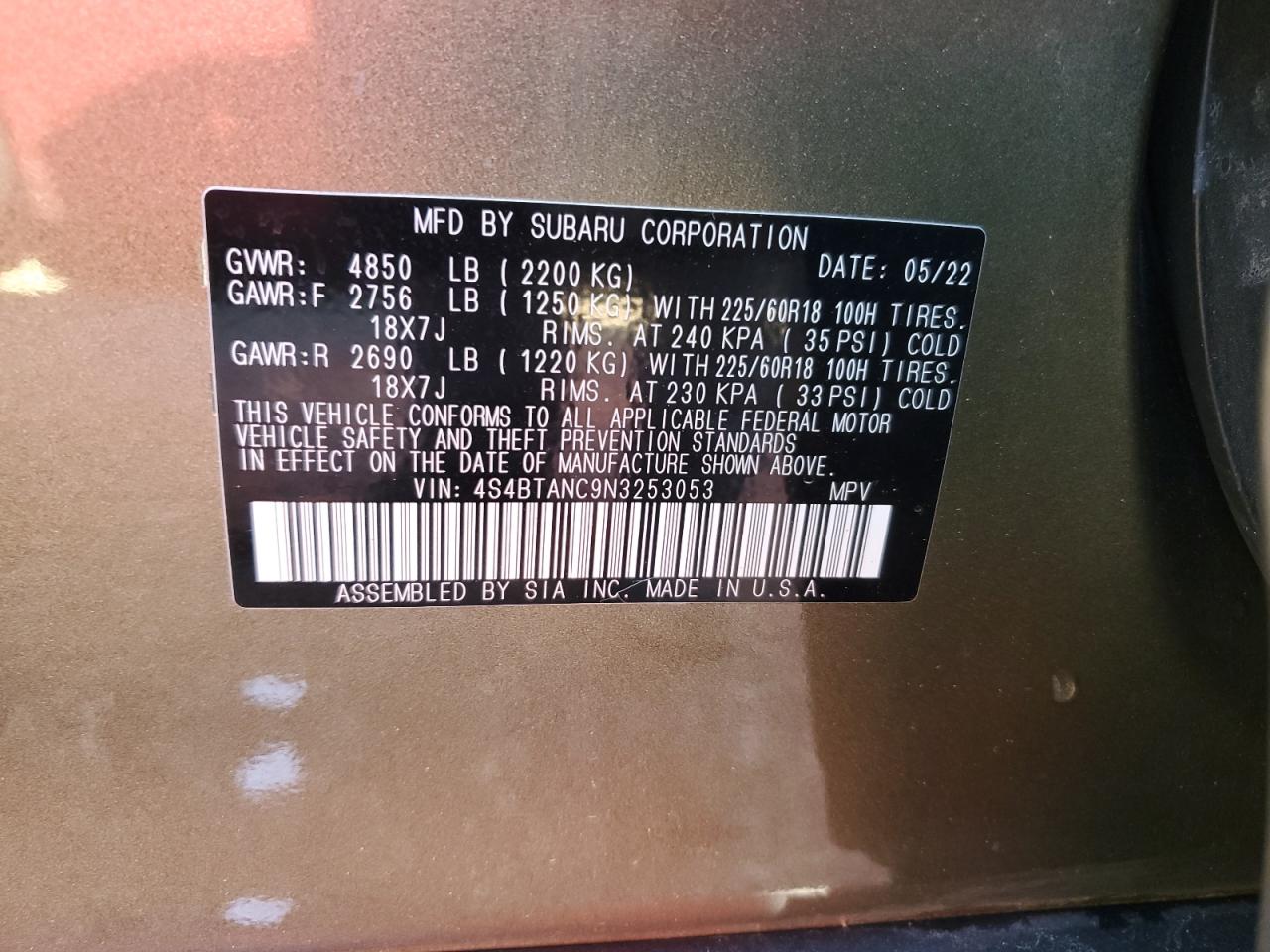 2022 SUBARU OUTBACK LIMITED VIN:4S4BTANC9N3253053