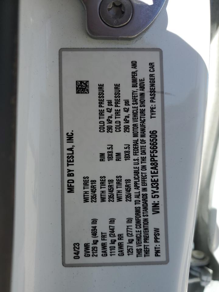 2023 TESLA MODEL 3 VIN:5YJ3E1EA8PF566506