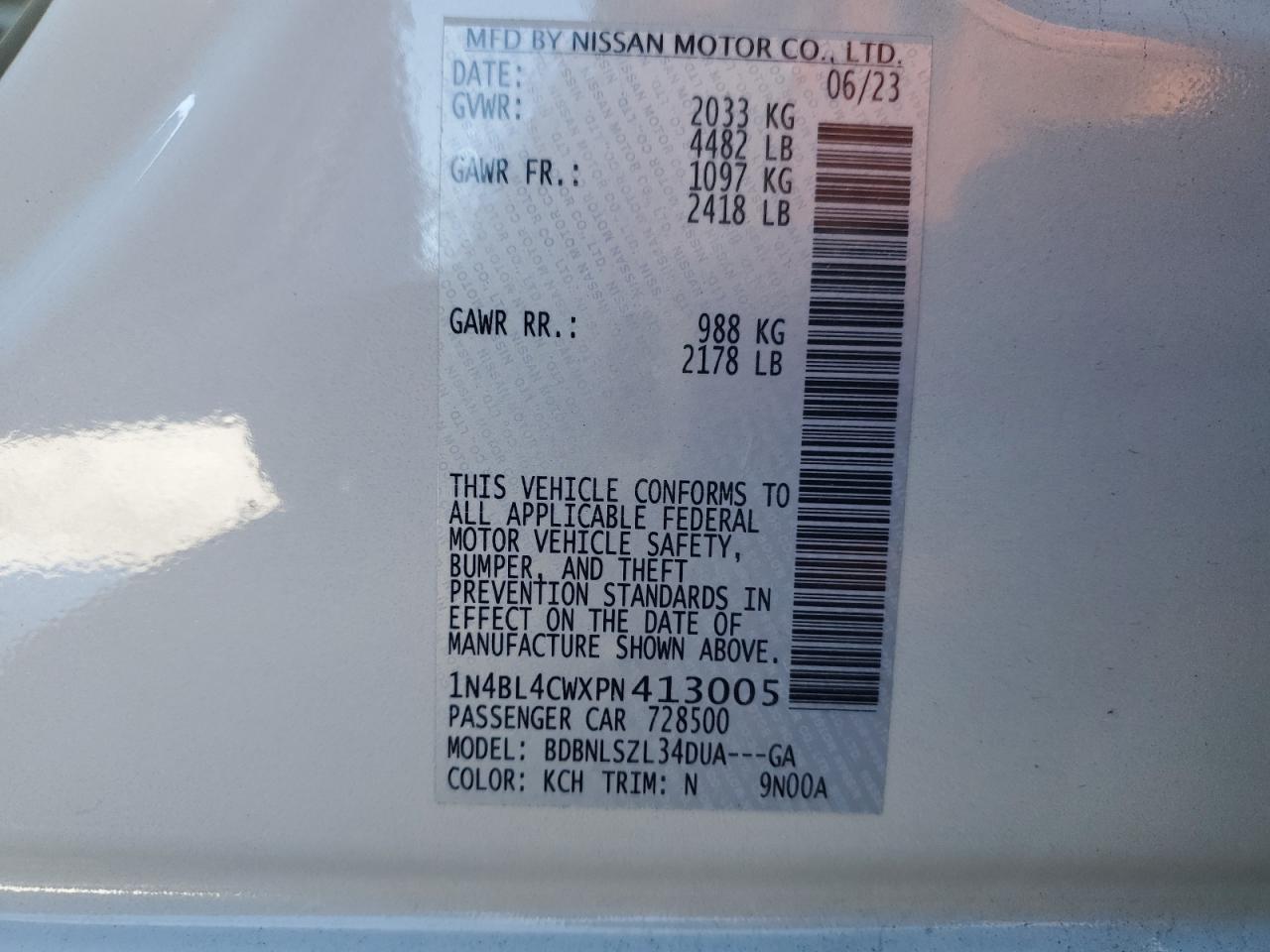 2023 NISSAN ALTIMA SR VIN:1N4BL4CWXPN413005